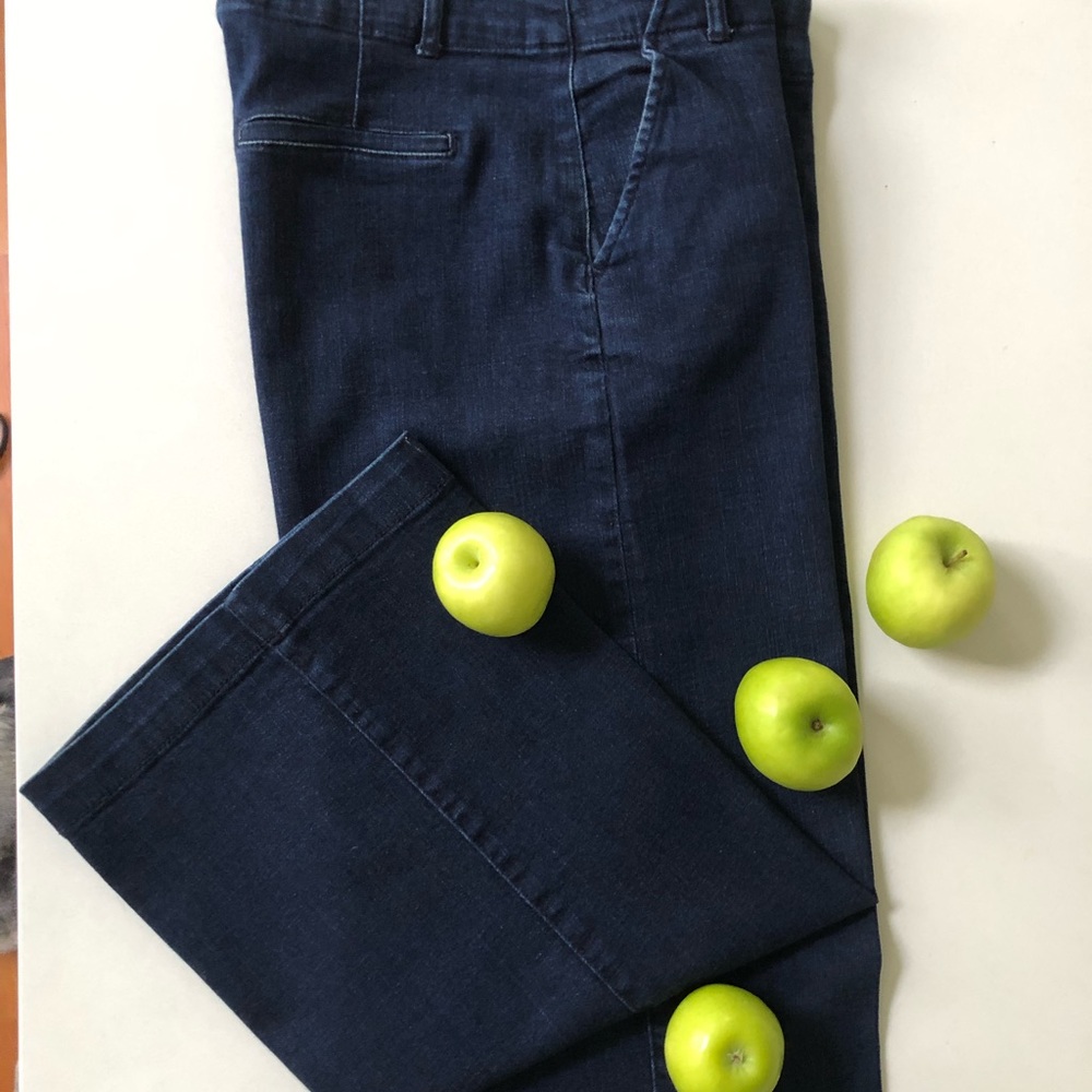 Wide leg pants. Dark with indigo hues.